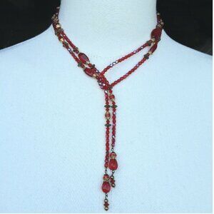1930-40's Czech Crystal Art Deco 44" Red Lariat Vintage Necklace and Earring Set